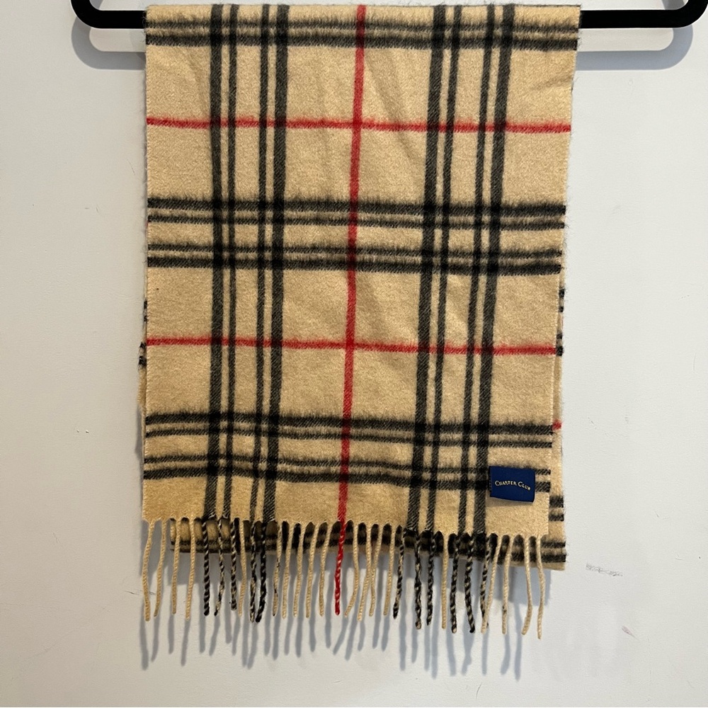 Charter Club Women 100% Cashmere Scarf Beige Plaid One Size